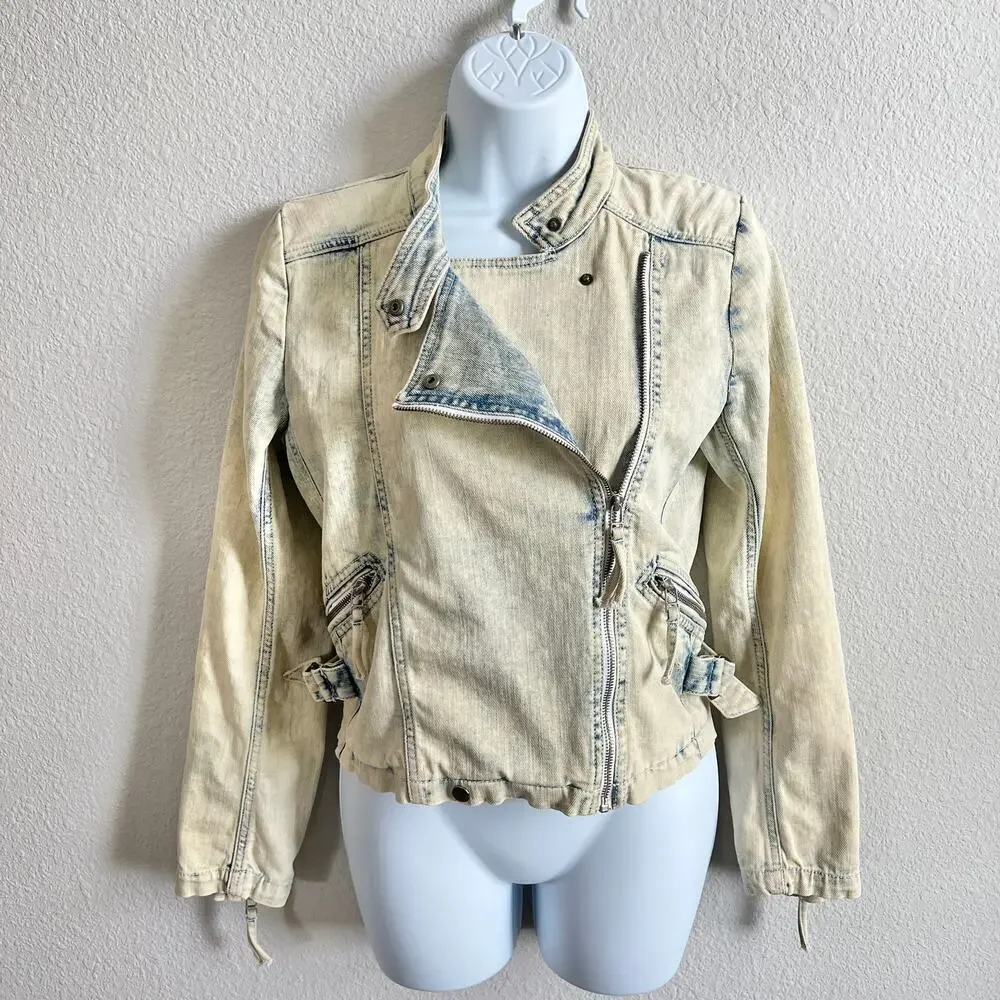IRO Moto Bleached Acid Wash Denim Jacket Women's XS Pockets Jean Stretch